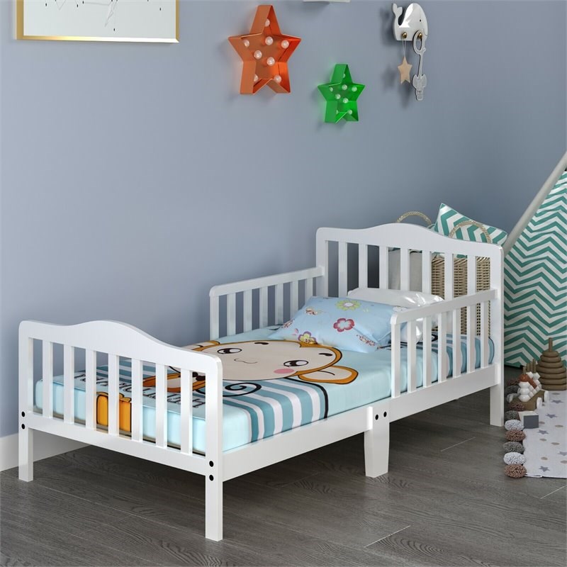 Pemberly Row Solid Rubber and Poplar Wood Toddler Bed with Guardrails in White
