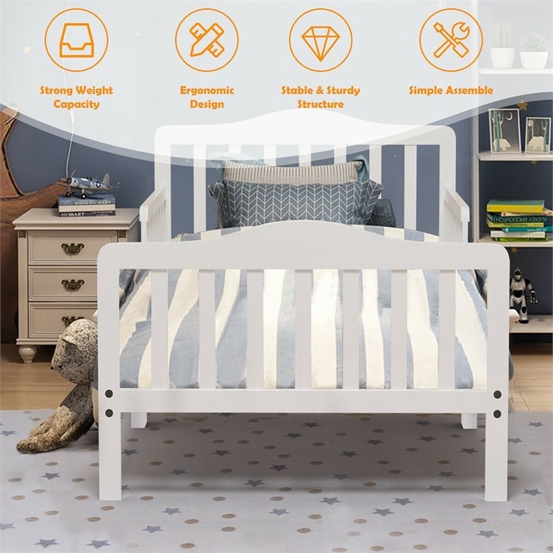 Pemberly Row Solid Rubber and Poplar Wood Toddler Bed with Guardrails in White