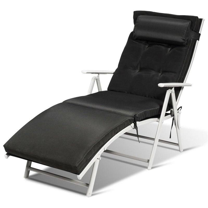 Pemberly Row Fabric Outdoor Folding Chaise Lounge Chair with Cushion in Black