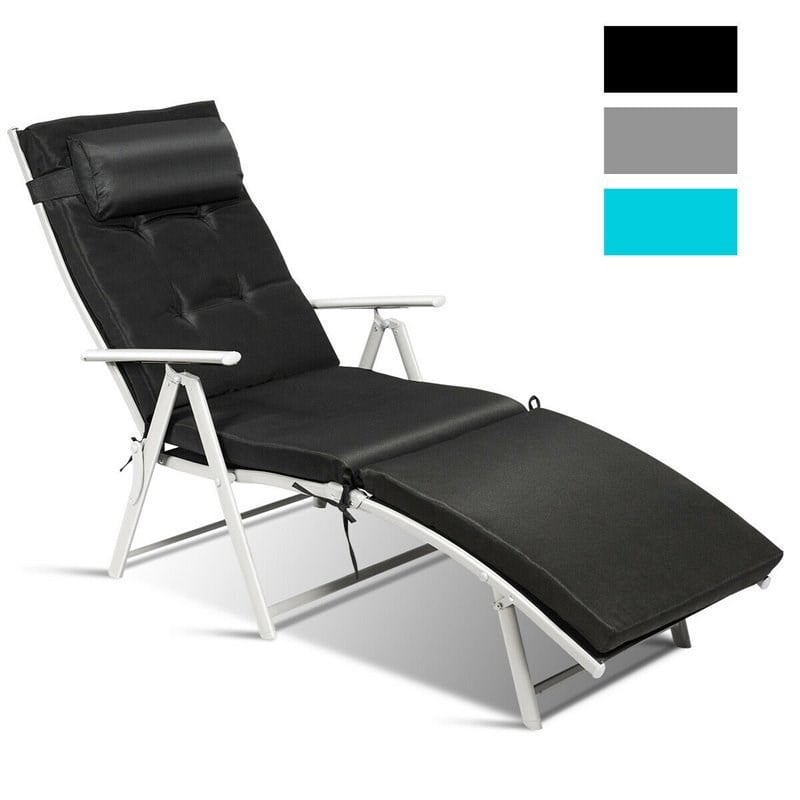 Pemberly Row Fabric Outdoor Folding Chaise Lounge Chair with Cushion in Black