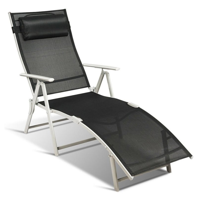 Pemberly Row Fabric Outdoor Folding Chaise Lounge Chair with Cushion in Black