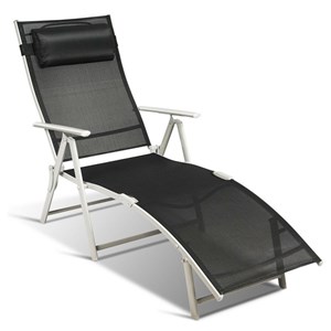 Pemberly Row Fabric Outdoor Folding Chaise Lounge Chair with Cushion in Black