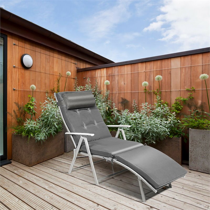 Pemberly Row Fabric Outdoor Folding Chaise Lounge Chair with Cushion in Gray