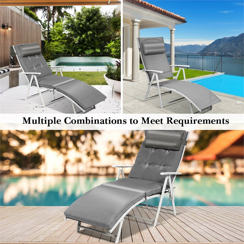 Pemberly Row Fabric Outdoor Folding Chaise Lounge Chair with Cushion in Gray