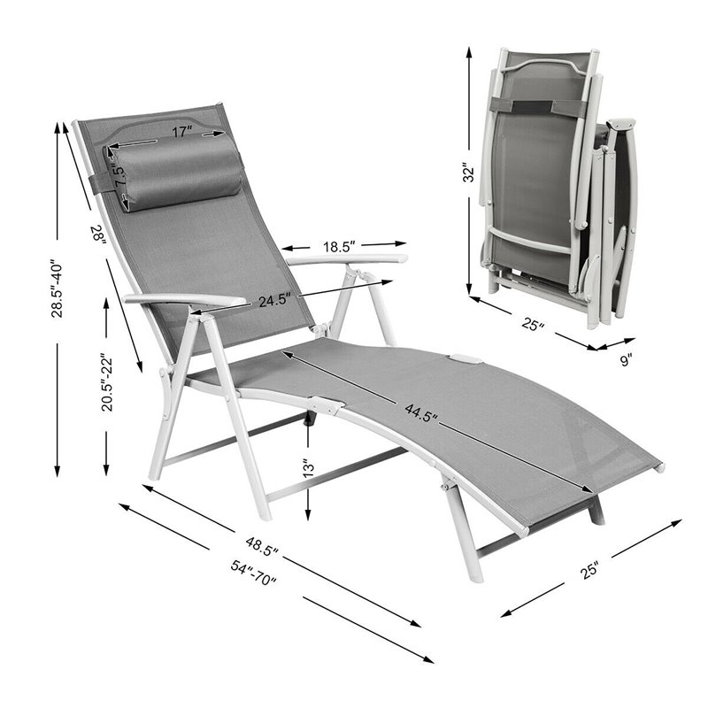 Pemberly Row Fabric Outdoor Folding Chaise Lounge Chair with Cushion in Gray