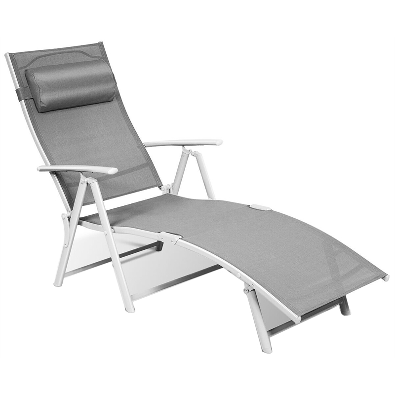 Pemberly Row Fabric Outdoor Folding Chaise Lounge Chair with Cushion in Gray