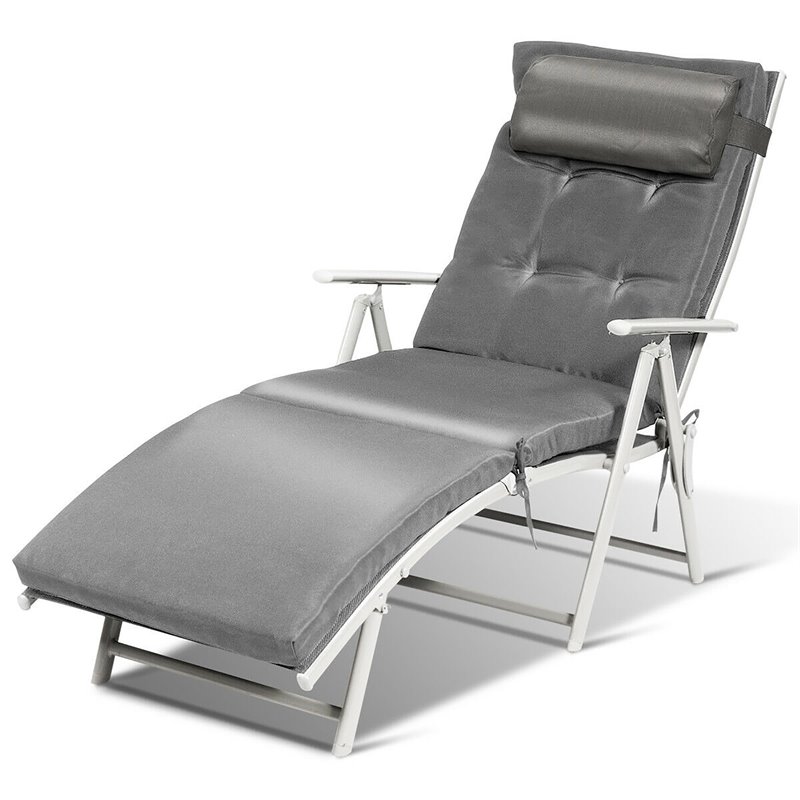 Pemberly Row Fabric Outdoor Folding Chaise Lounge Chair with Cushion in Gray
