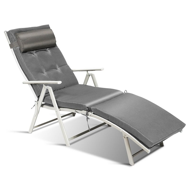 Pemberly Row Fabric Outdoor Folding Chaise Lounge Chair with Cushion in Gray