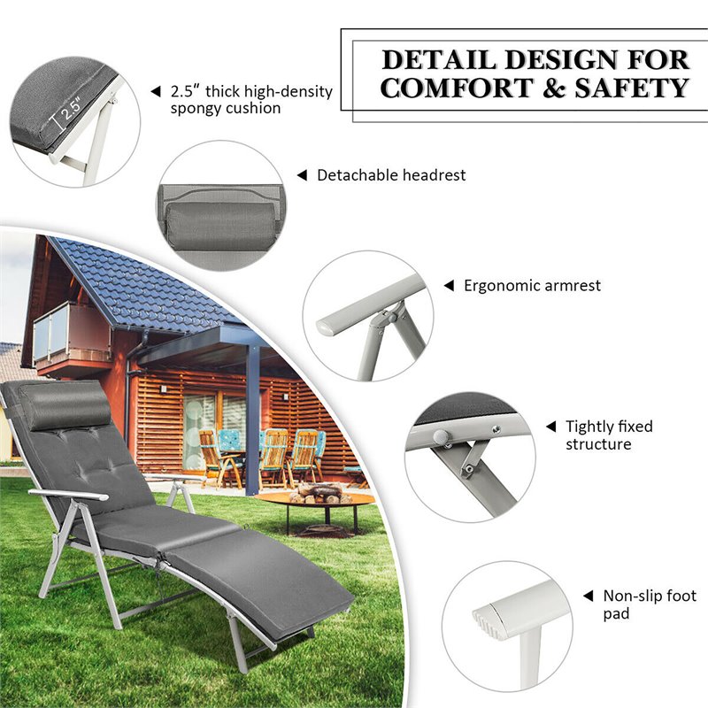 Pemberly Row Fabric Outdoor Folding Chaise Lounge Chair with Cushion in Gray