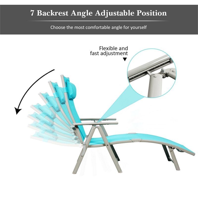 Pemberly Row Fabric Outdoor Folding Chaise Lounge Chair w/ Cushion in Turquoise