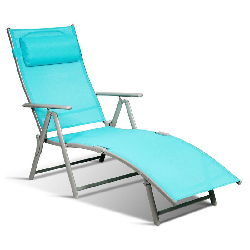 Pemberly Row Fabric Outdoor Folding Chaise Lounge Chair w/ Cushion in Turquoise