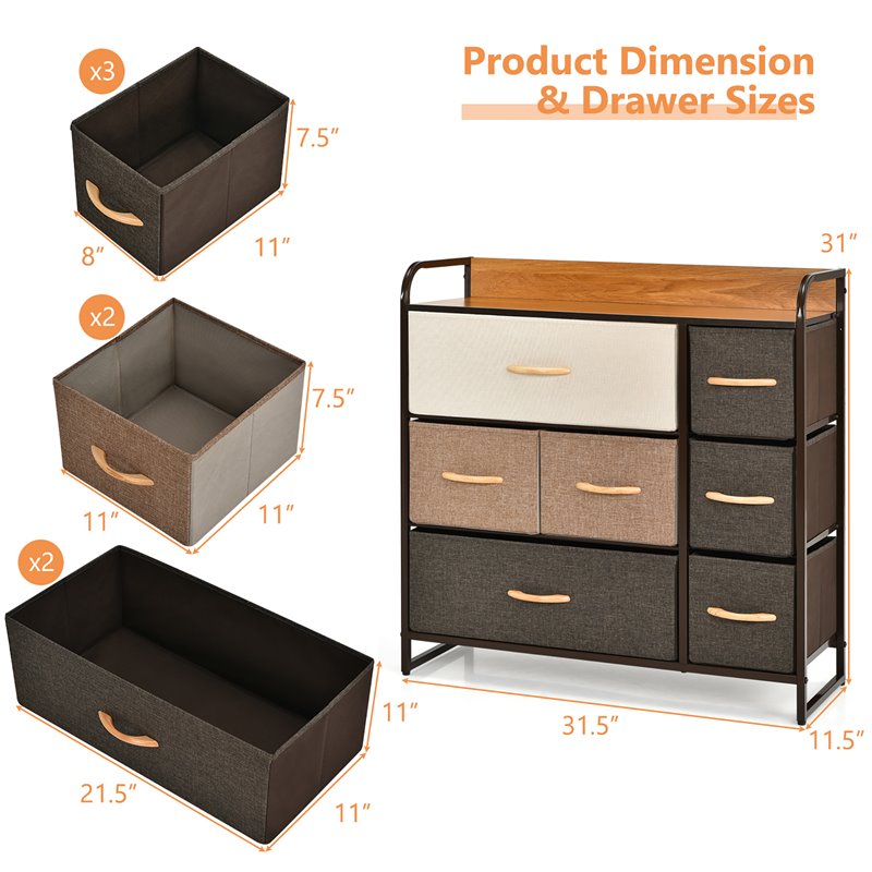Pemberly Row 7-Drawer/3-Tier Dresser Storage Organizer Tower w/ Wood Top - Cream