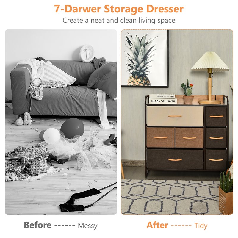Pemberly Row 7-Drawer/3-Tier Dresser Storage Organizer Tower w/ Wood Top - Cream