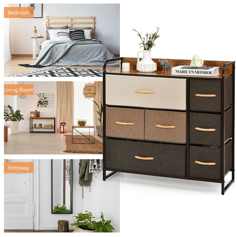 Pemberly Row 7-Drawer/3-Tier Dresser Storage Organizer Tower w/ Wood Top - Cream