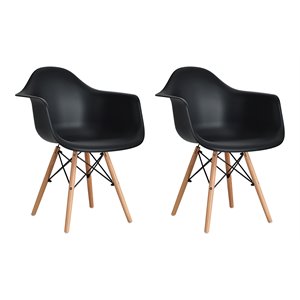 Pemberly Row 31&quot Molded Dining Arm Side Chair with Wood Legs in Black (Set of 2)