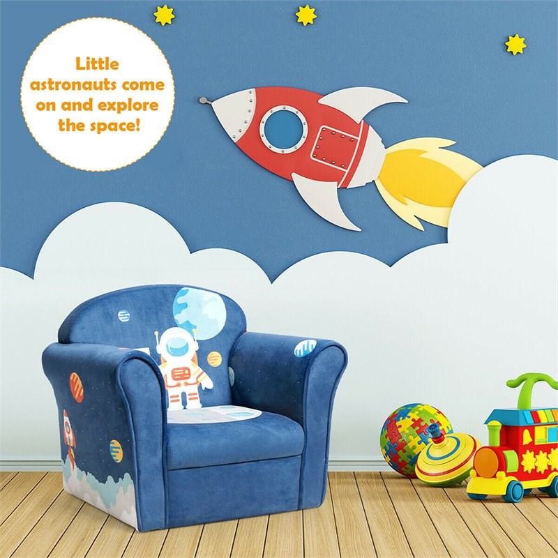 Pemberly Row Contemporary Eucalyptus and Velvet Astronaut Kids Sofa in Blue