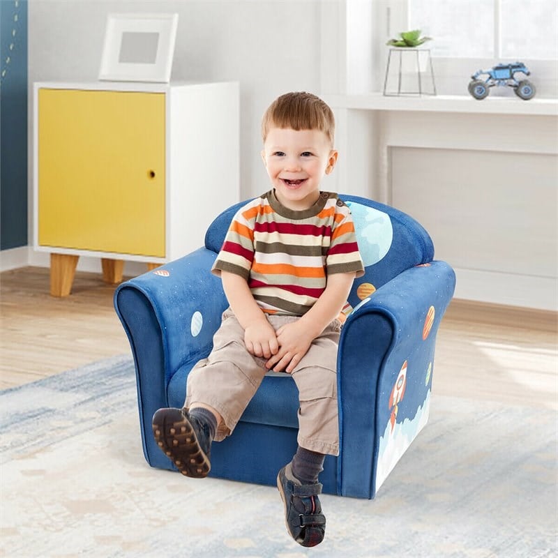 Pemberly Row Contemporary Eucalyptus and Velvet Astronaut Kids Sofa in Blue