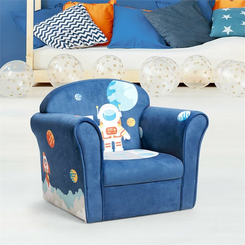Pemberly Row Contemporary Eucalyptus and Velvet Astronaut Kids Sofa in Blue