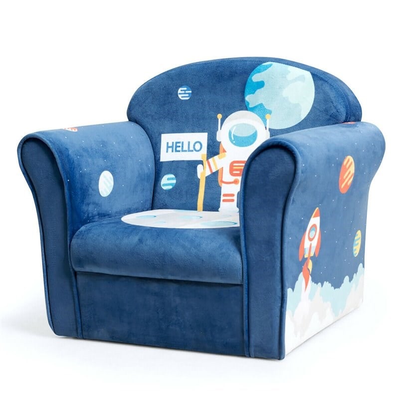 Pemberly Row Contemporary Eucalyptus and Velvet Astronaut Kids Sofa in Blue