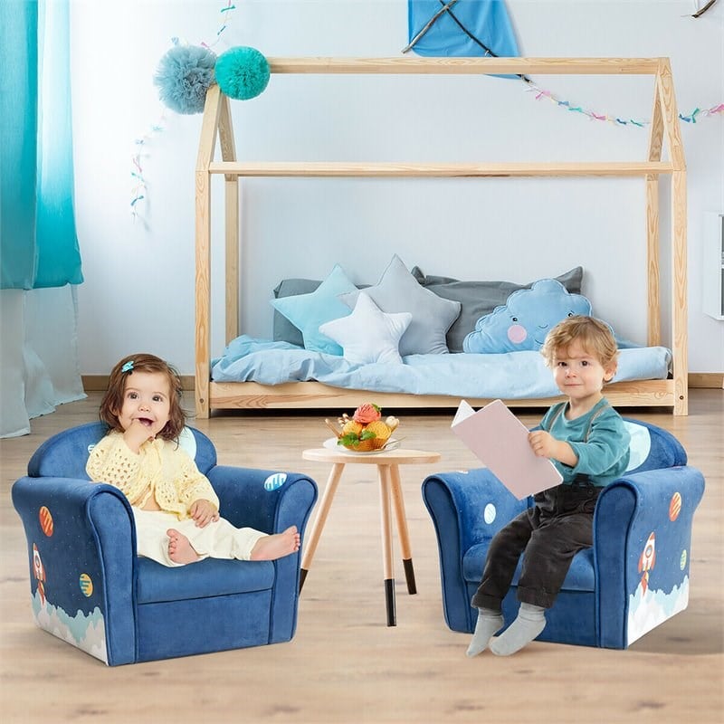 Pemberly Row Contemporary Eucalyptus and Velvet Astronaut Kids Sofa in Blue