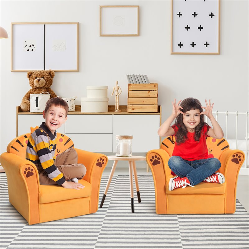 Pemberly Row Contemporary Eucalyptus and Velvet Lion Kids Sofa in Orange