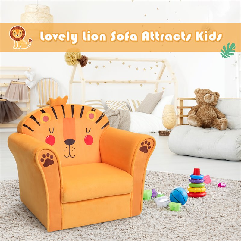 Pemberly Row Contemporary Eucalyptus and Velvet Lion Kids Sofa in Orange