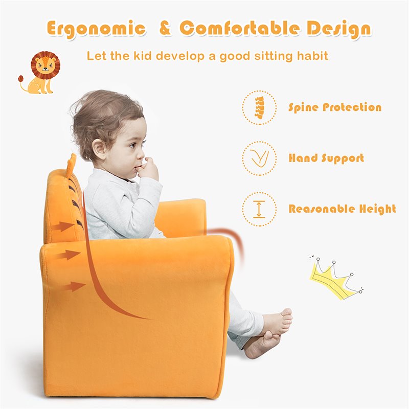 Pemberly Row Contemporary Eucalyptus and Velvet Lion Kids Sofa in Orange
