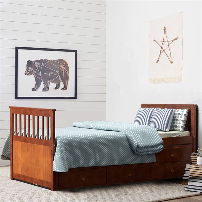 Pemberly Row Pine Wood Twin Captain's Bunk Bed with Trundle & Drawers in Walnut