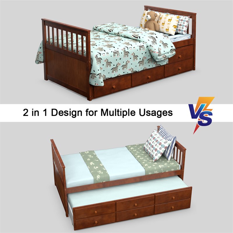 Pemberly Row Pine Wood Twin Captain's Bunk Bed with Trundle & Drawers in Walnut