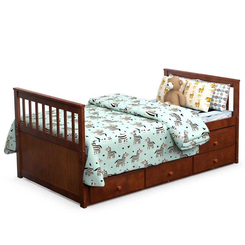 Pemberly Row Pine Wood Twin Captain's Bunk Bed with Trundle & Drawers in Walnut