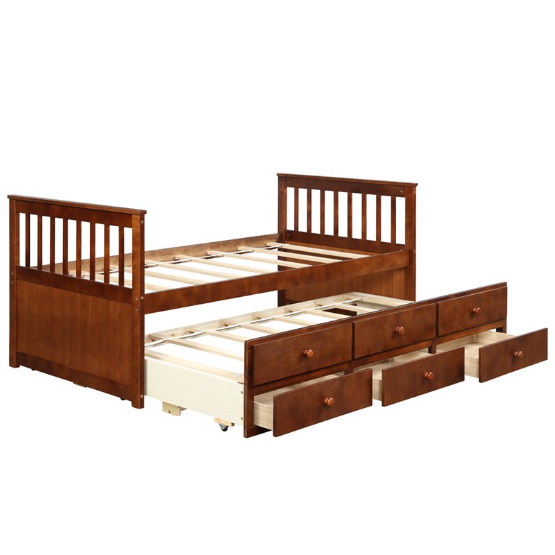 Pemberly Row Pine Wood Twin Captain's Bunk Bed with Trundle & Drawers in Walnut