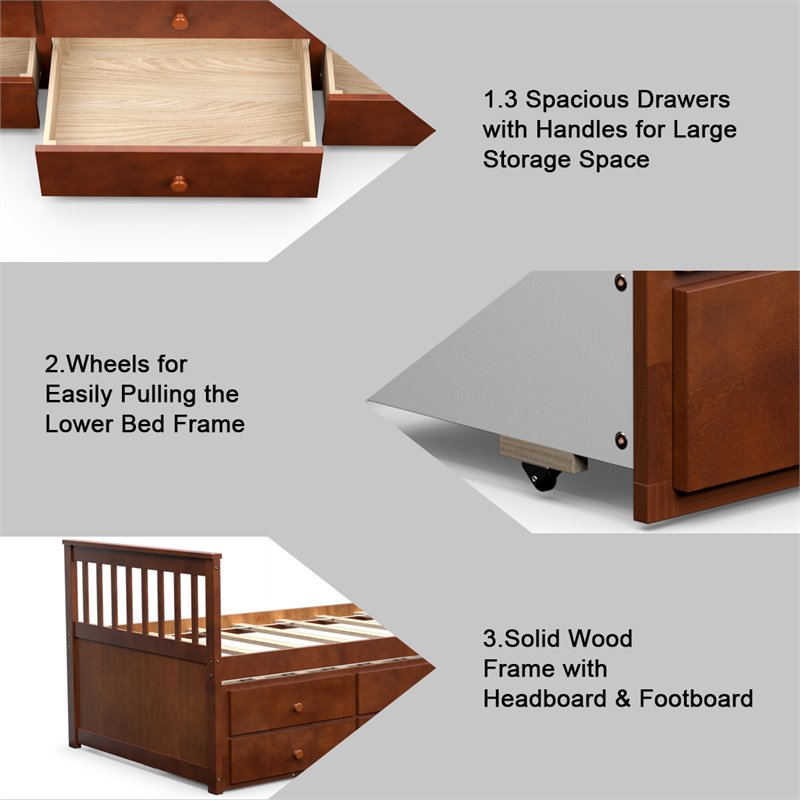 Pemberly Row Pine Wood Twin Captain's Bunk Bed with Trundle & Drawers in Walnut