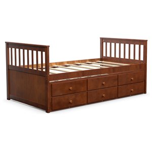 Pemberly Row Pine Wood Twin Captain's Bunk Bed with Trundle & Drawers in Walnut