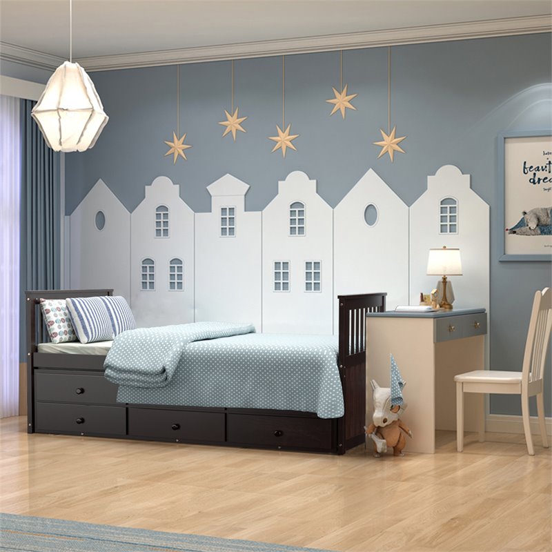 Pemberly Row Pine Wood Twin Captain's Bunk Bed w/ Trundle & Drawers in Espresso