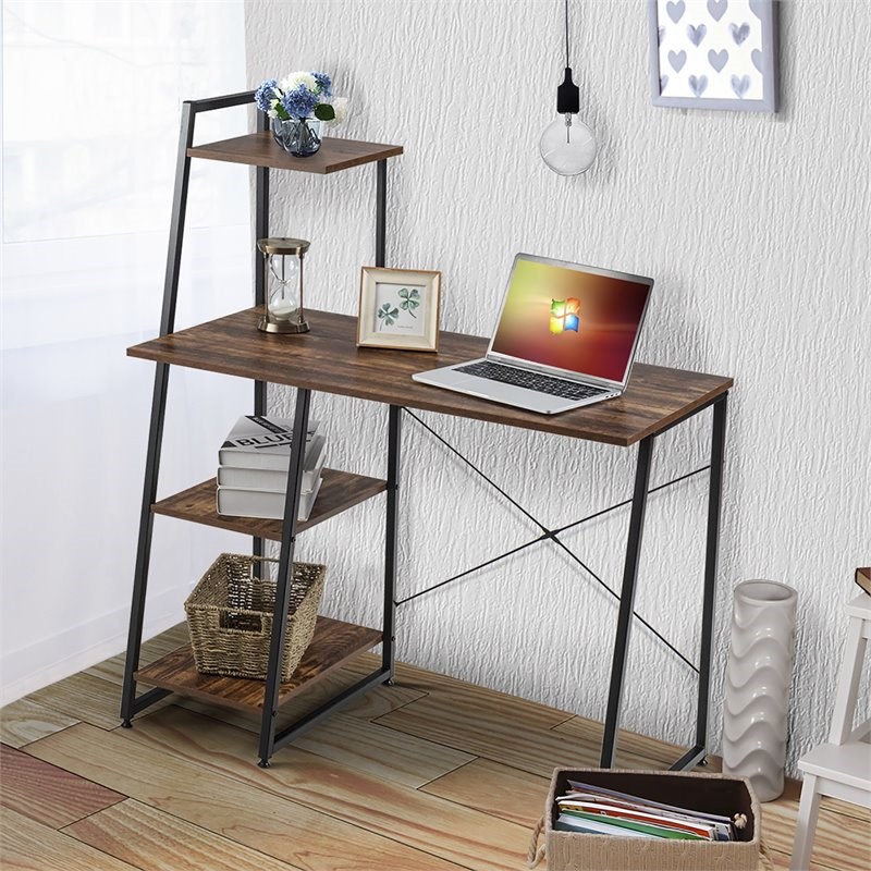 Pemberly Row Contemporary Engineered Wood Computer Desk with Shelves in Brown
