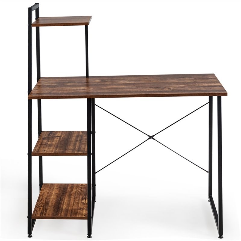 Pemberly Row Contemporary Engineered Wood Computer Desk with Shelves in Brown
