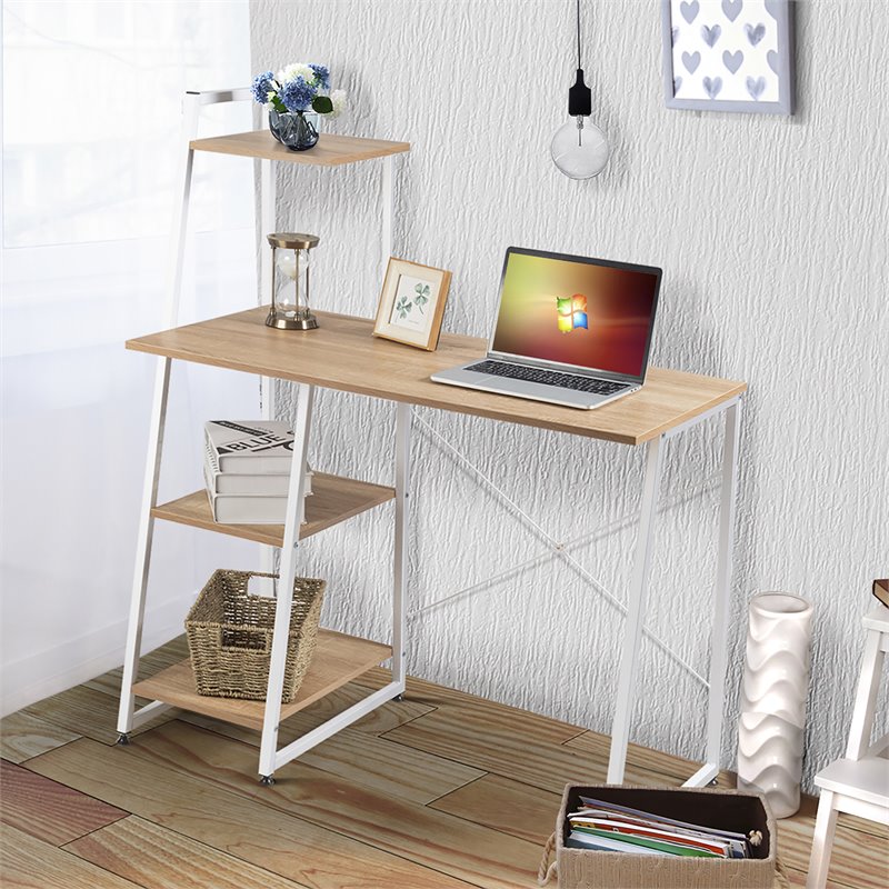 Pemberly Row Contemporary Engineered Wood Computer Desk with Shelves in Natural