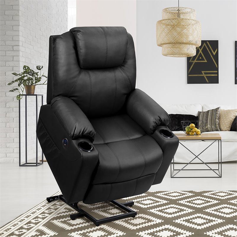 Pemberly Row Faux Leather Electric Recliner Chair with USB Charge Port in Black