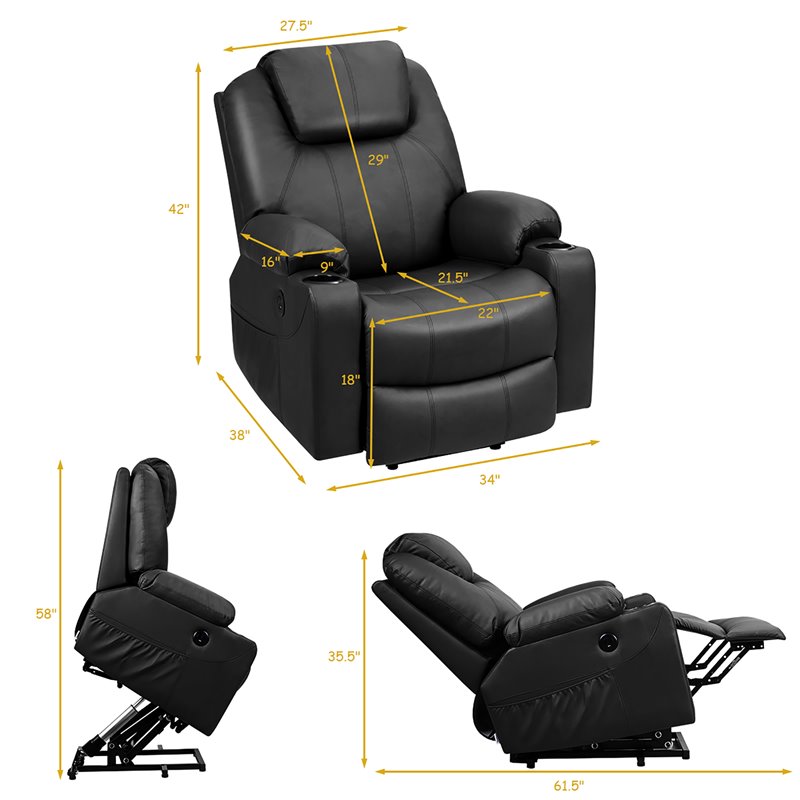 Pemberly Row Faux Leather Electric Recliner Chair with USB Charge Port in Black