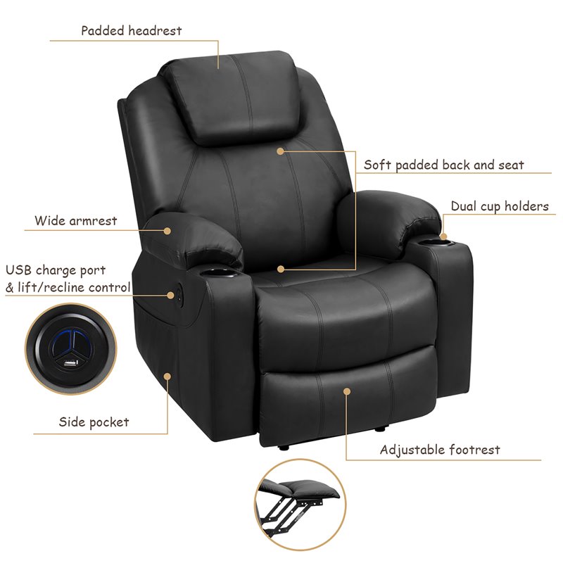Pemberly Row Faux Leather Electric Recliner Chair with USB Charge Port in Black