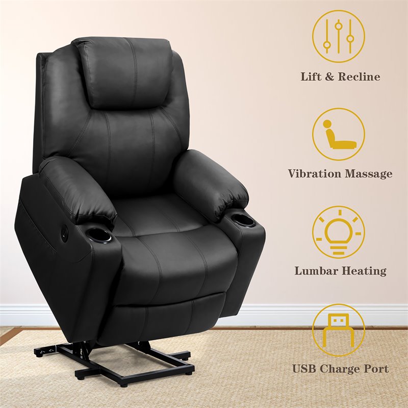 Pemberly Row Faux Leather Electric Recliner Chair with USB Charge Port in Black