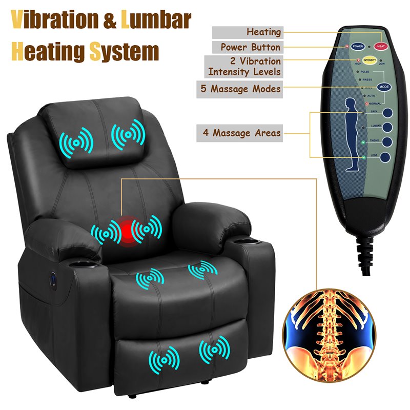 Pemberly Row Faux Leather Electric Recliner Chair with USB Charge Port in Black