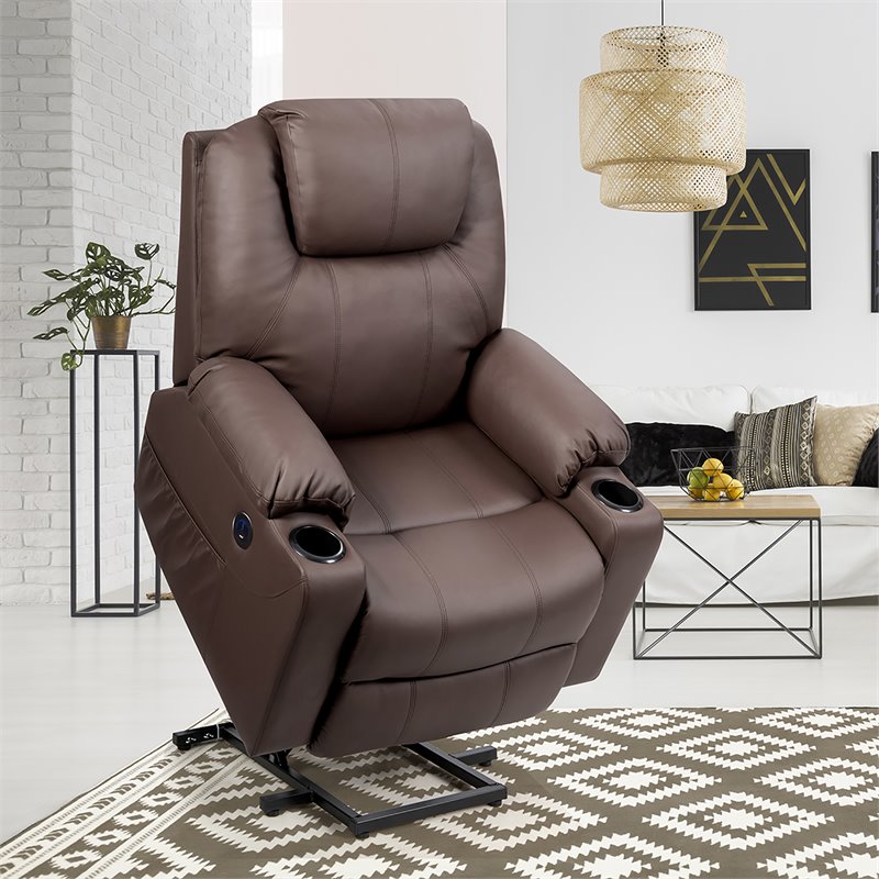 Pemberly Row Faux Leather Electric Recliner Chair with USB Charge Port in Brown