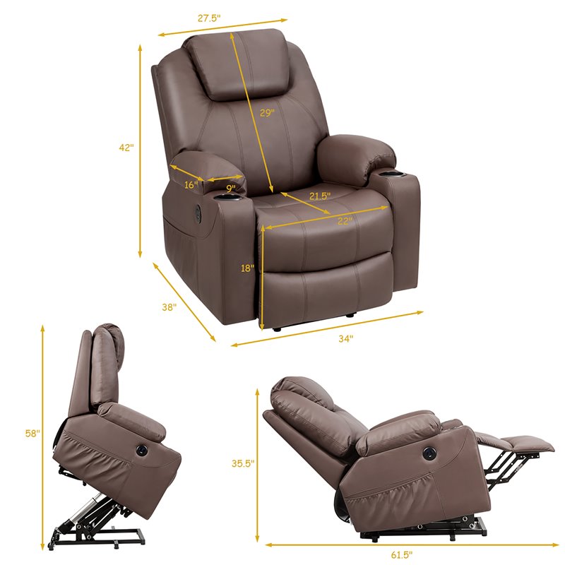 Pemberly Row Faux Leather Electric Recliner Chair with USB Charge Port in Brown