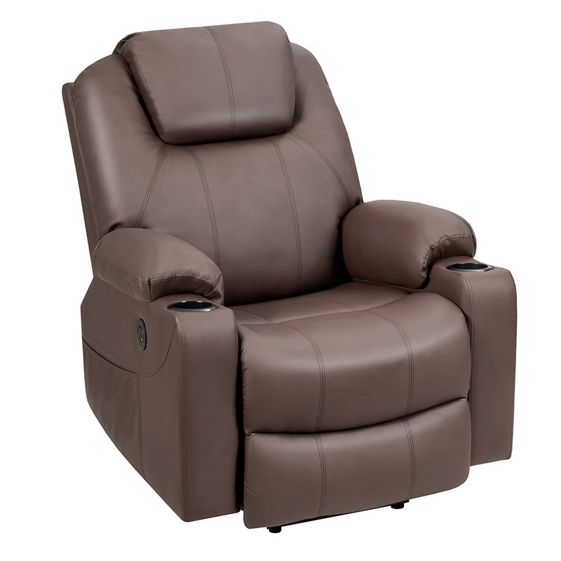 Pemberly Row Faux Leather Electric Recliner Chair with USB Charge Port in Brown