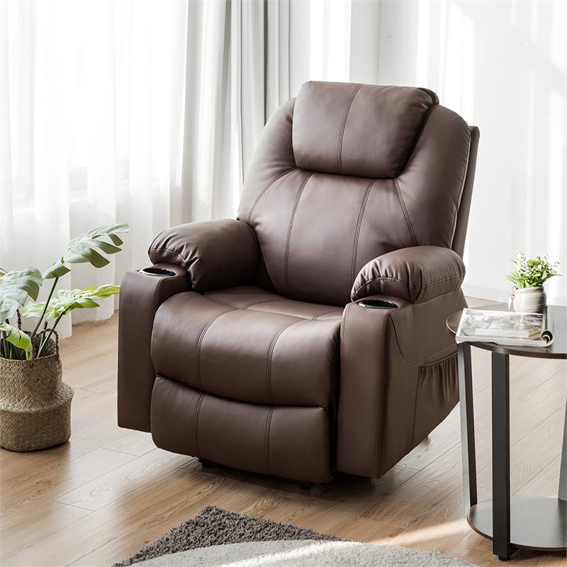 Pemberly Row Faux Leather Electric Recliner Chair with USB Charge Port in Brown