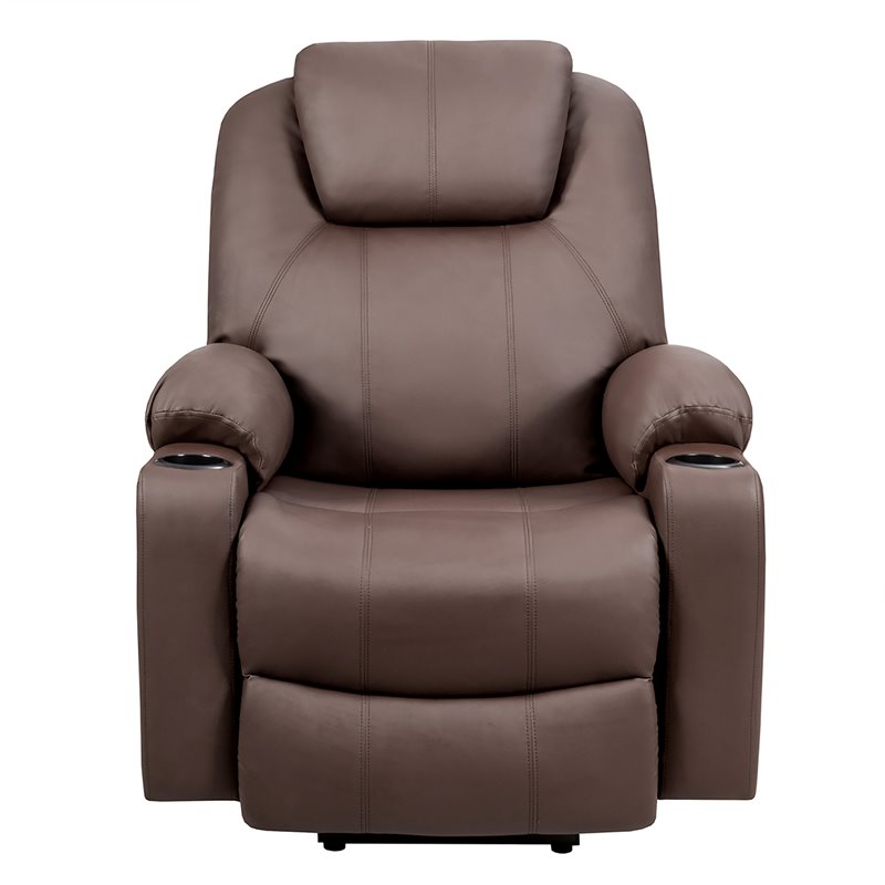 Pemberly Row Faux Leather Electric Recliner Chair with USB Charge Port in Brown