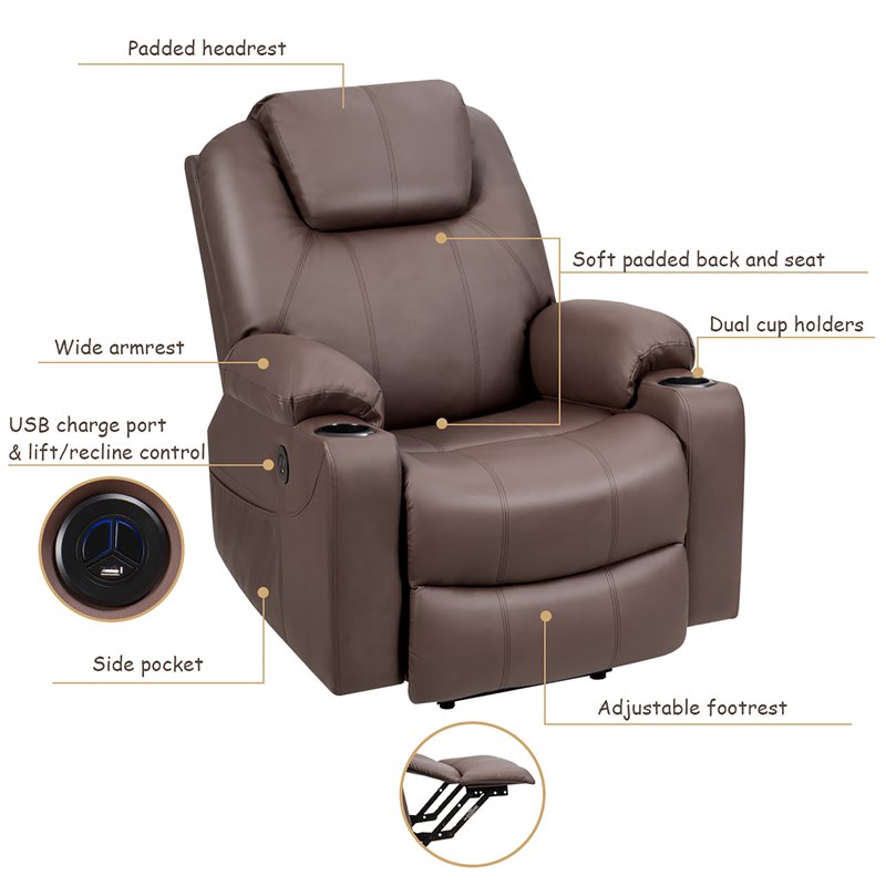 Pemberly Row Faux Leather Electric Recliner Chair with USB Charge Port in Brown