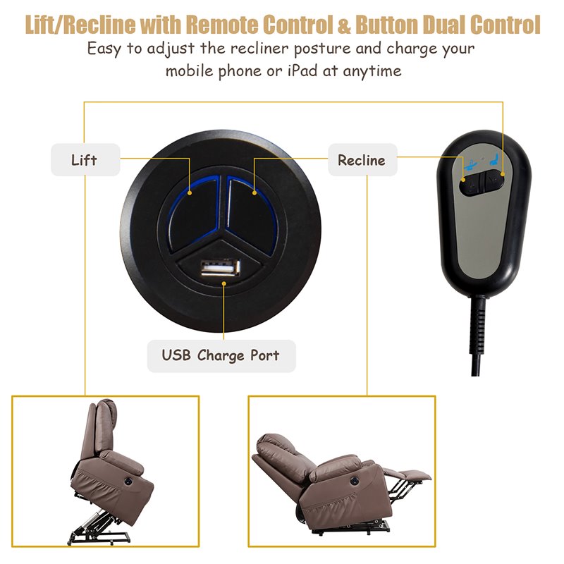 Pemberly Row Faux Leather Electric Recliner Chair with USB Charge Port in Brown