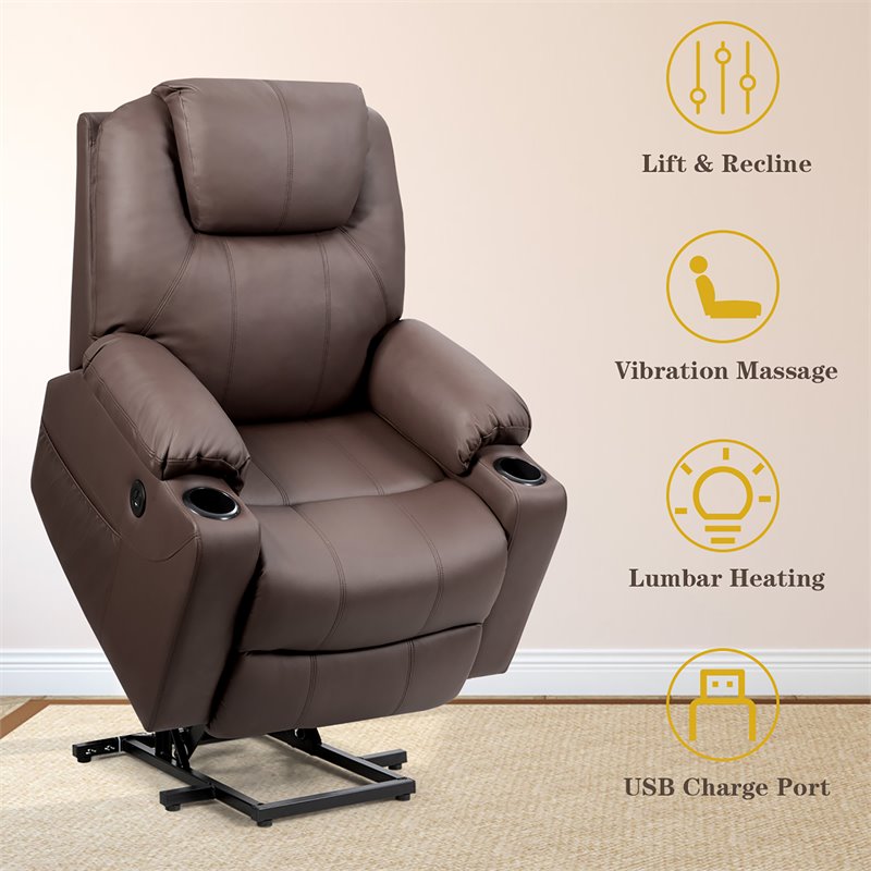 Pemberly Row Faux Leather Electric Recliner Chair with USB Charge Port in Brown